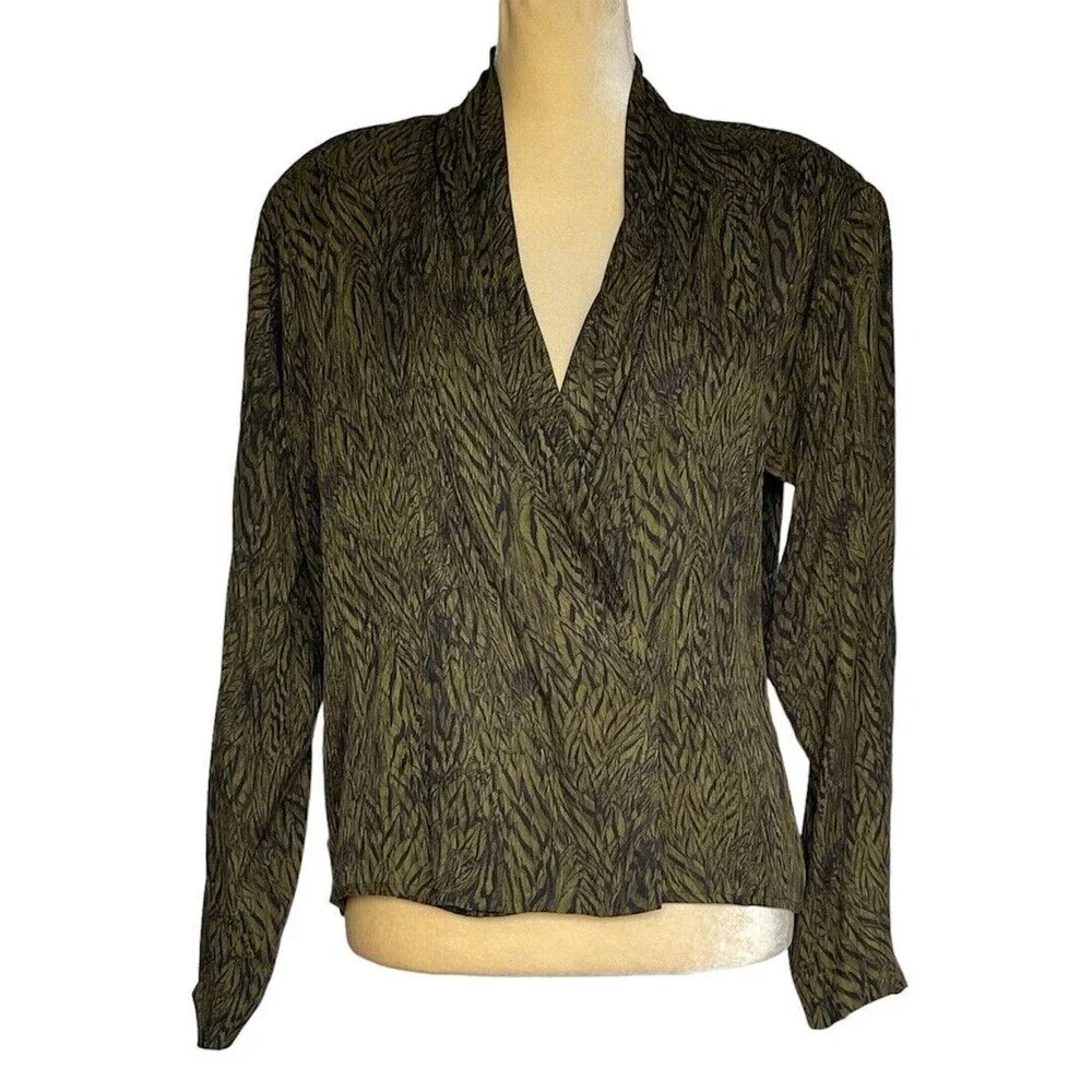 Anne Klein Vintage Silk Blouse Size 8 Green Black Surplice Button Front Top